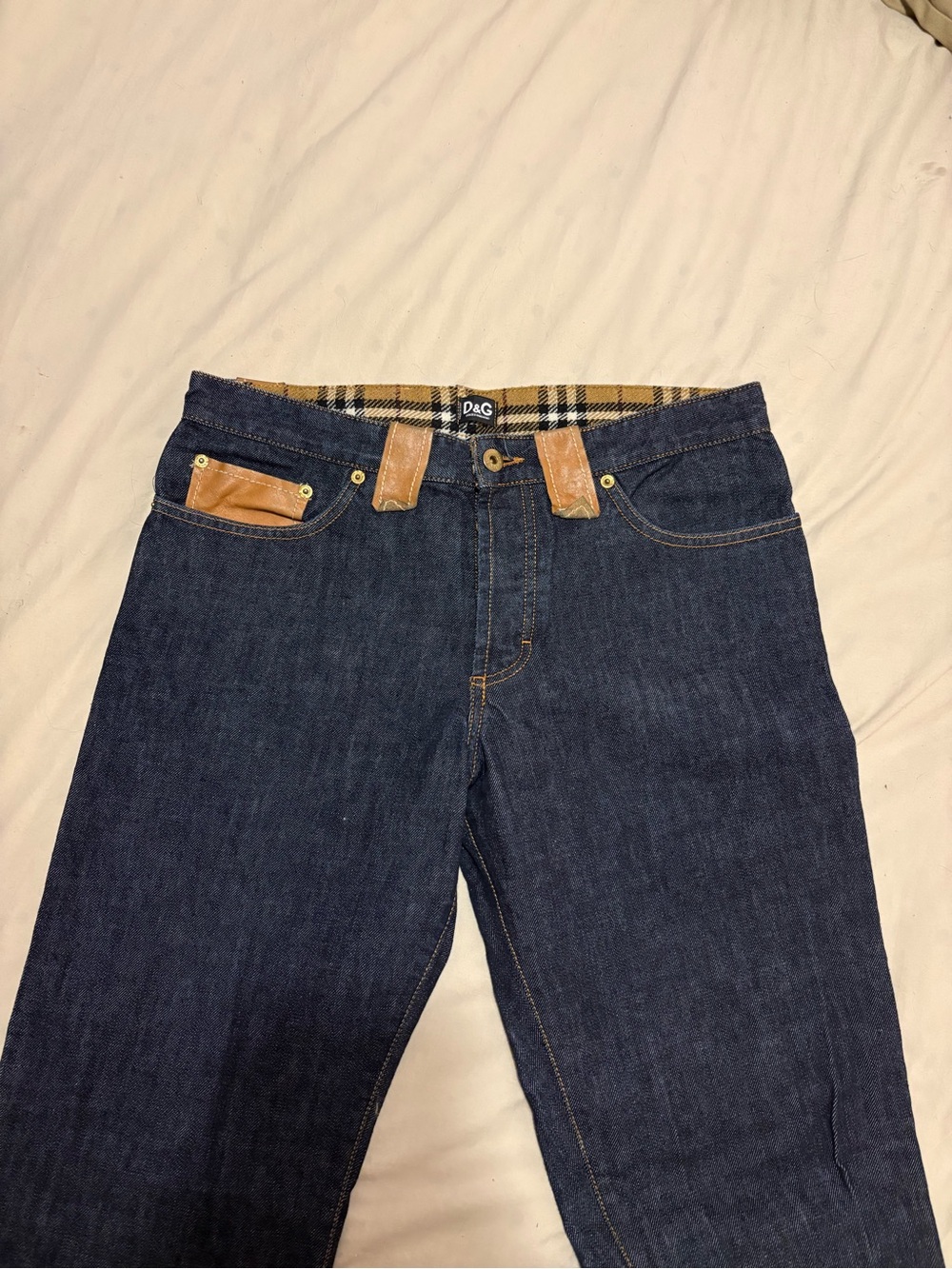Dolce & Gabbana Men's Dark Blue Denim Jeans with Brown Leather Trim